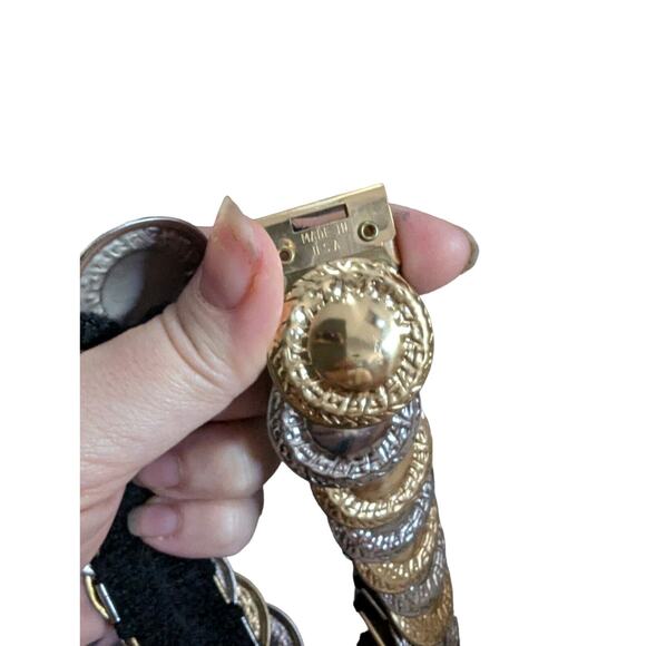 Vintage Gold Silver Metal Disc Coins Stretch Belt 80s Medallion - Picture 4 of 14